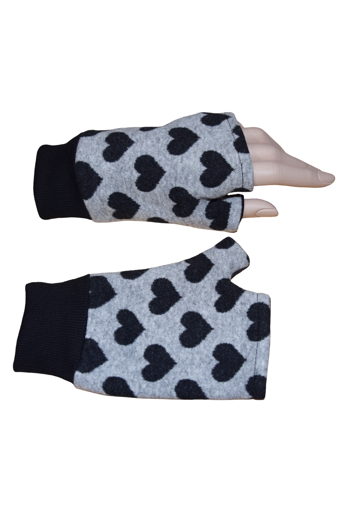 Kurze Handschuhe Jacquard Herzen Hellgrau