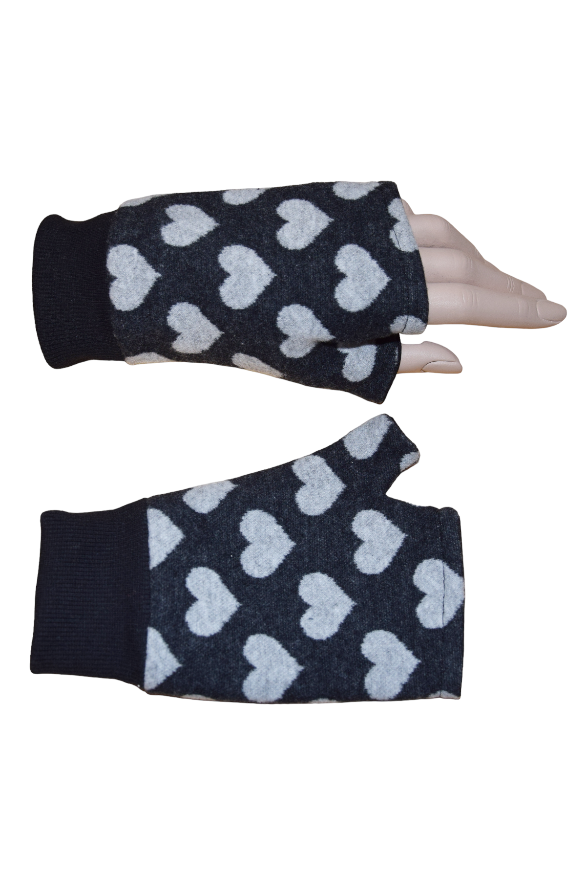 Kurze Handschuhe Jacquard Herzen Dunkelgrau