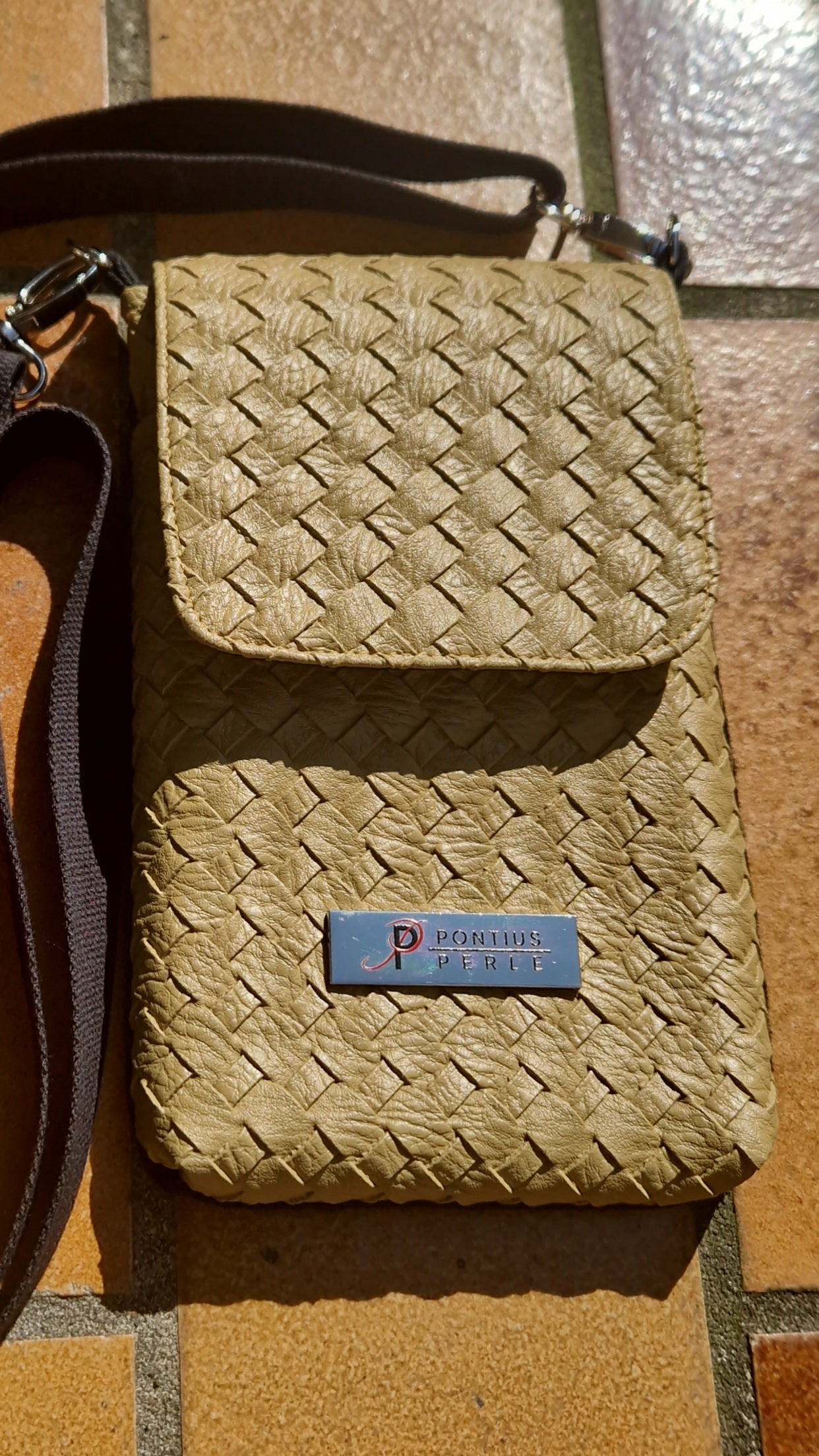 Handytasche zum Umhängen Kunstleder Karo Senf