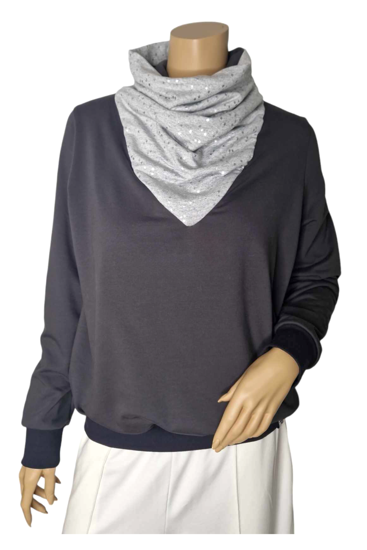 Warmer Sweatshirt mit Schalkragen silberne Sterne