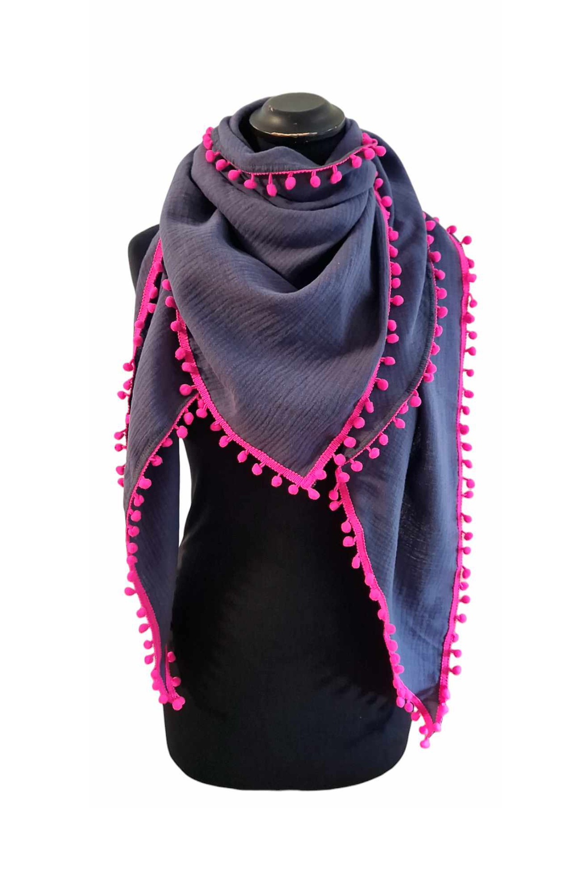Musselintuch Dreiecksformat mit Bommelborte stahlblau/pink