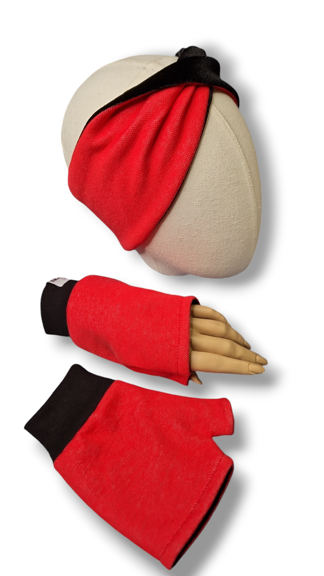 Set Stirnband und Handschuhe zum Wenden Rot/Samt