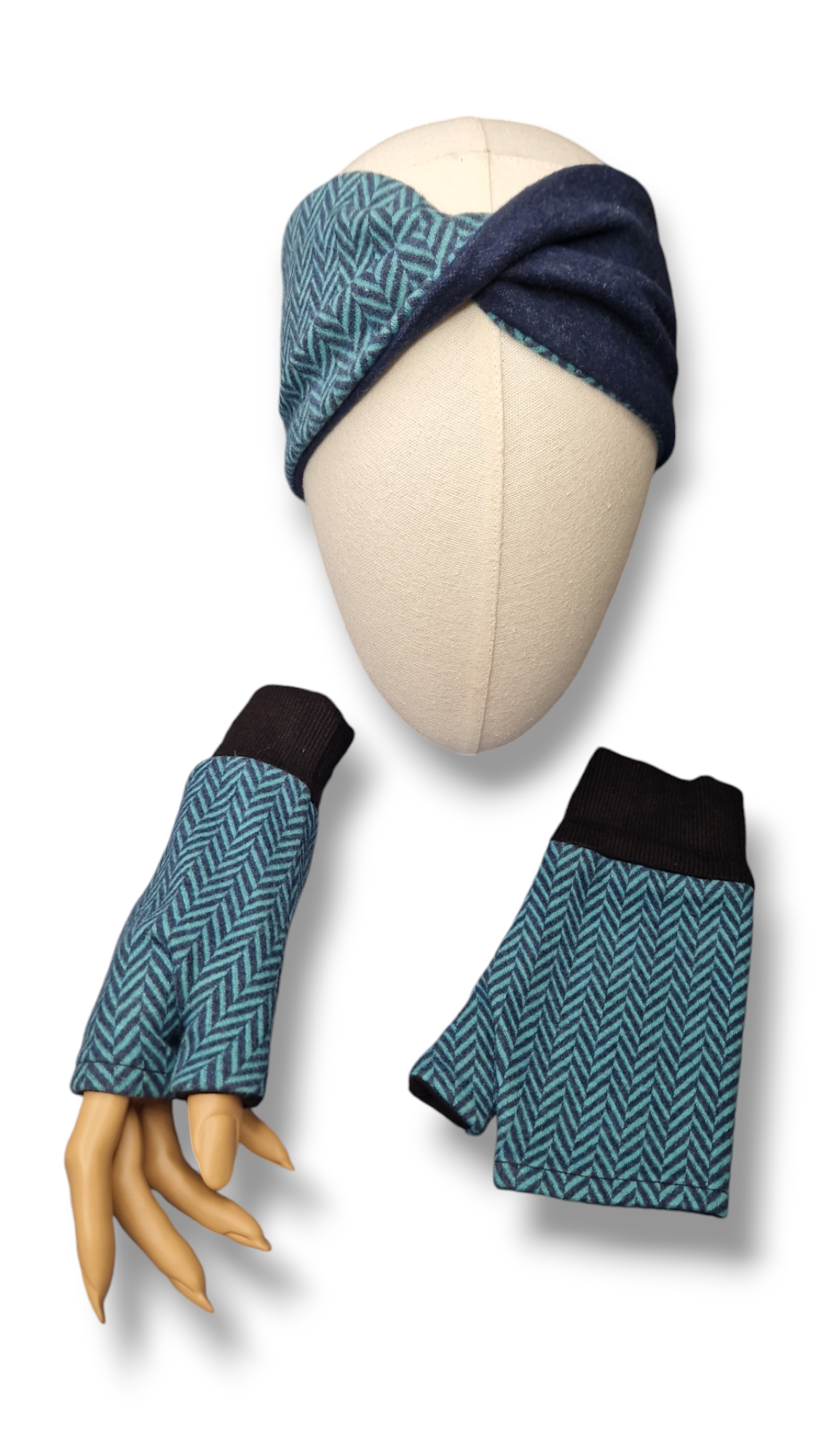 Set Stirnband und Handschuhe zum Wenden Fischgrät türkis