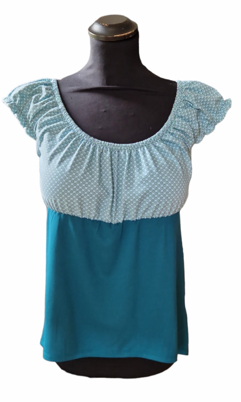 Carmenbluse kurze Puffärmel Punkte Petrol