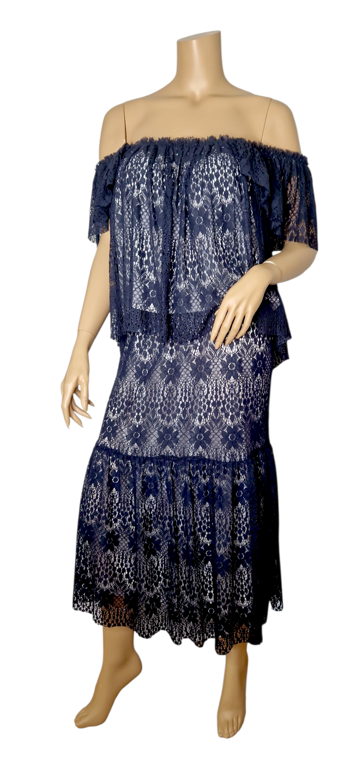 Set Romantisches Spitzenkleid im Boho-Stil – Marine