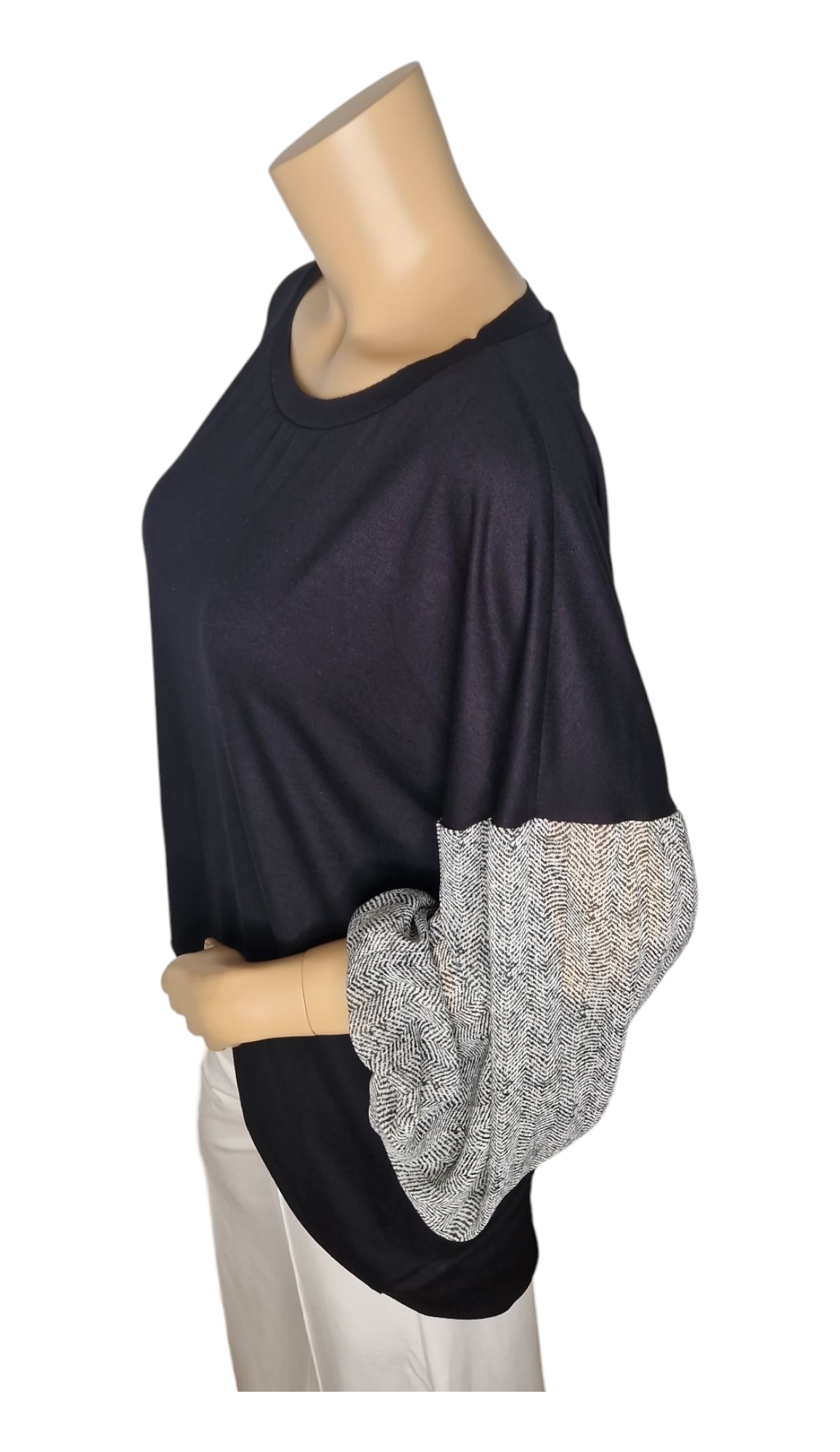 Langarm-Shirt mit Chiffon-Ärmeln in Fischgrätmuster