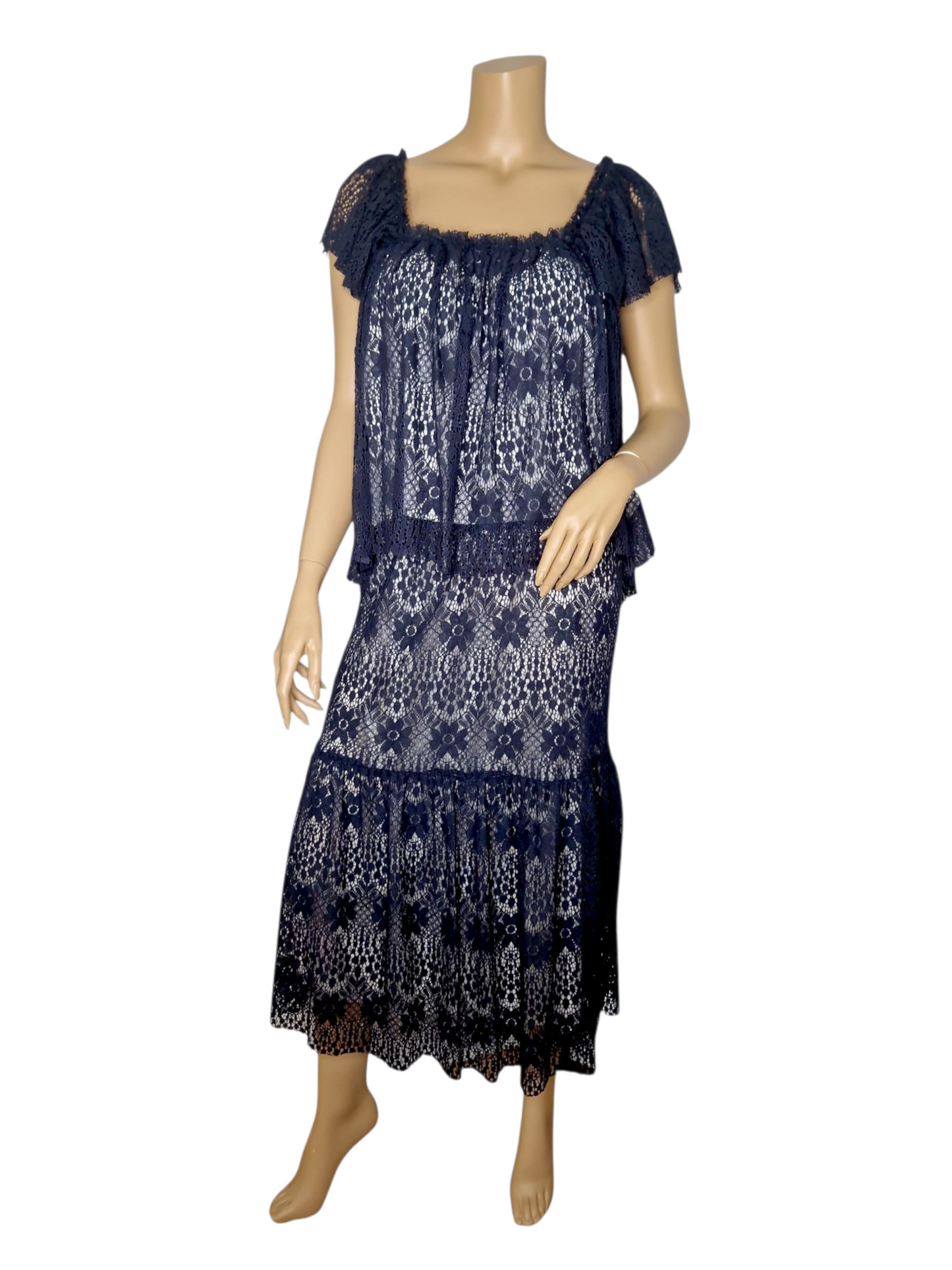 Set Romantisches Spitzenkleid im Boho-Stil – Marine