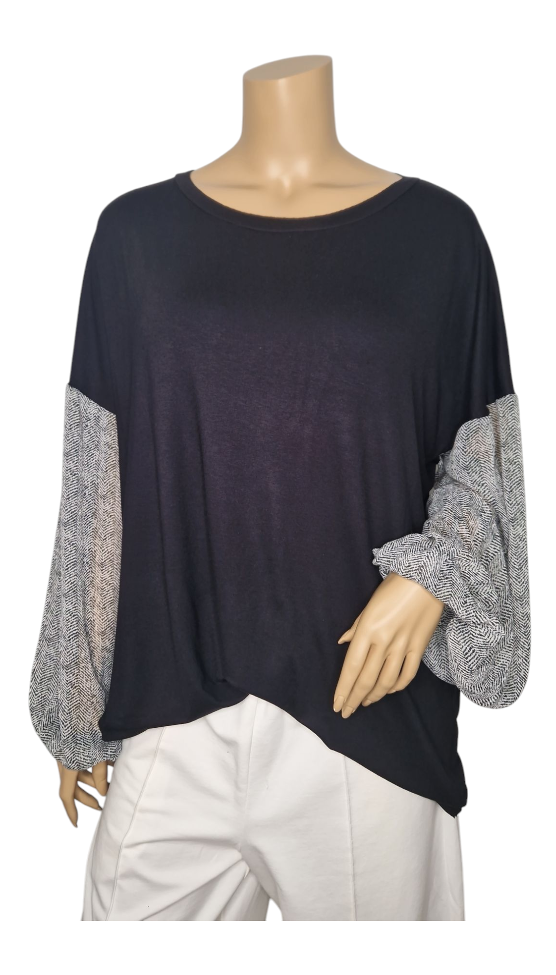 Langarm-Shirt mit Chiffon-Ärmeln in Fischgrätmuster