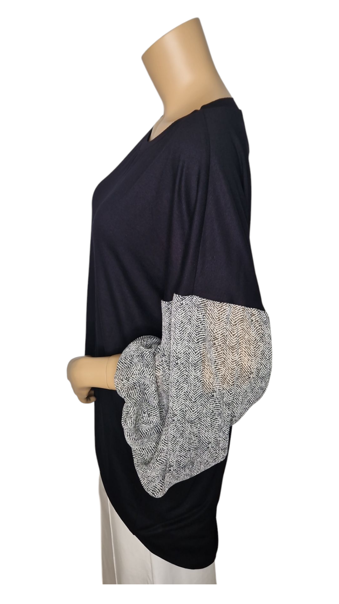 Langarm-Shirt mit Chiffon-Ärmeln in Fischgrätmuster