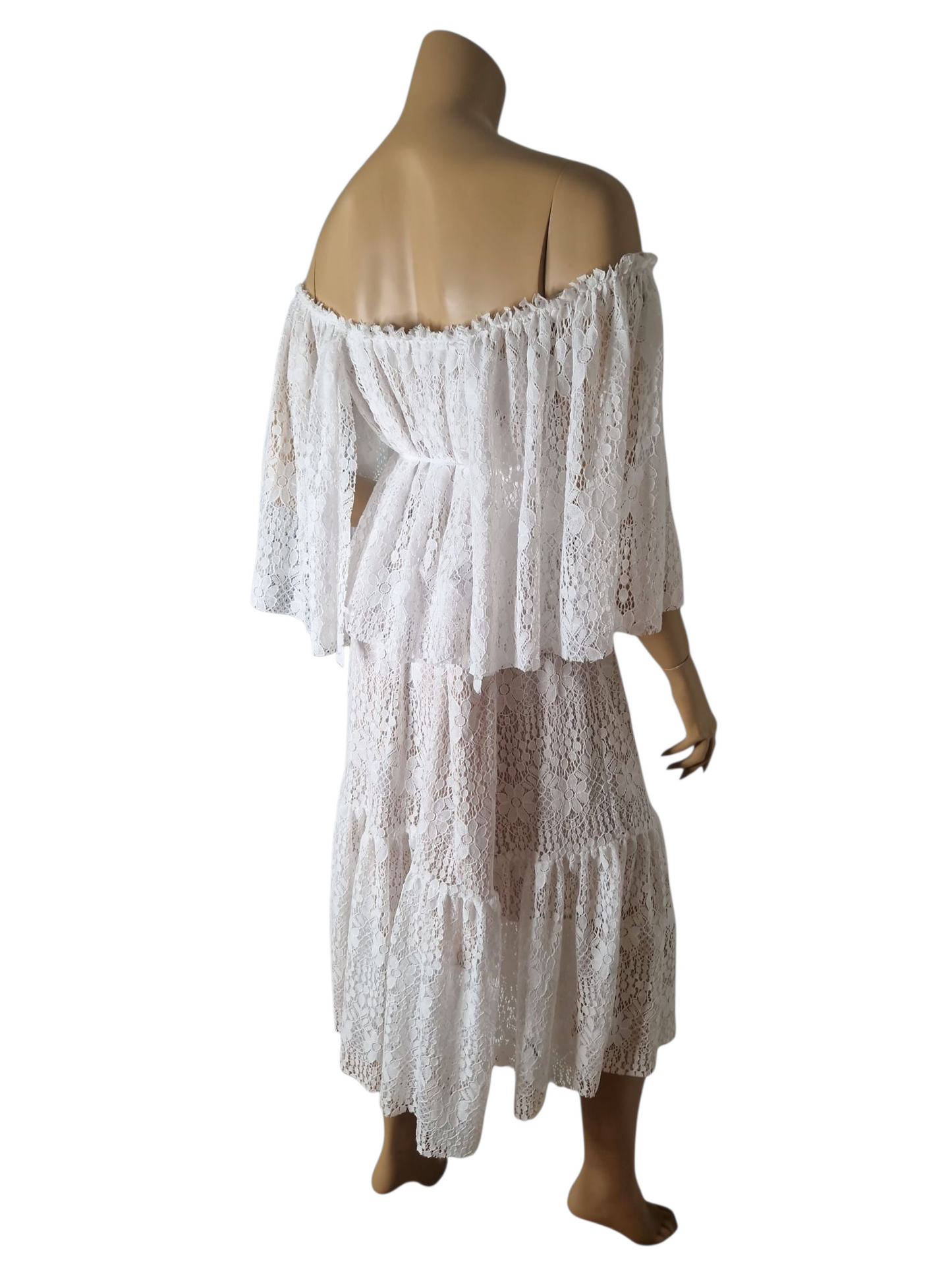 Set Romantisches Spitzenkleid im Boho-Stil - Weiß