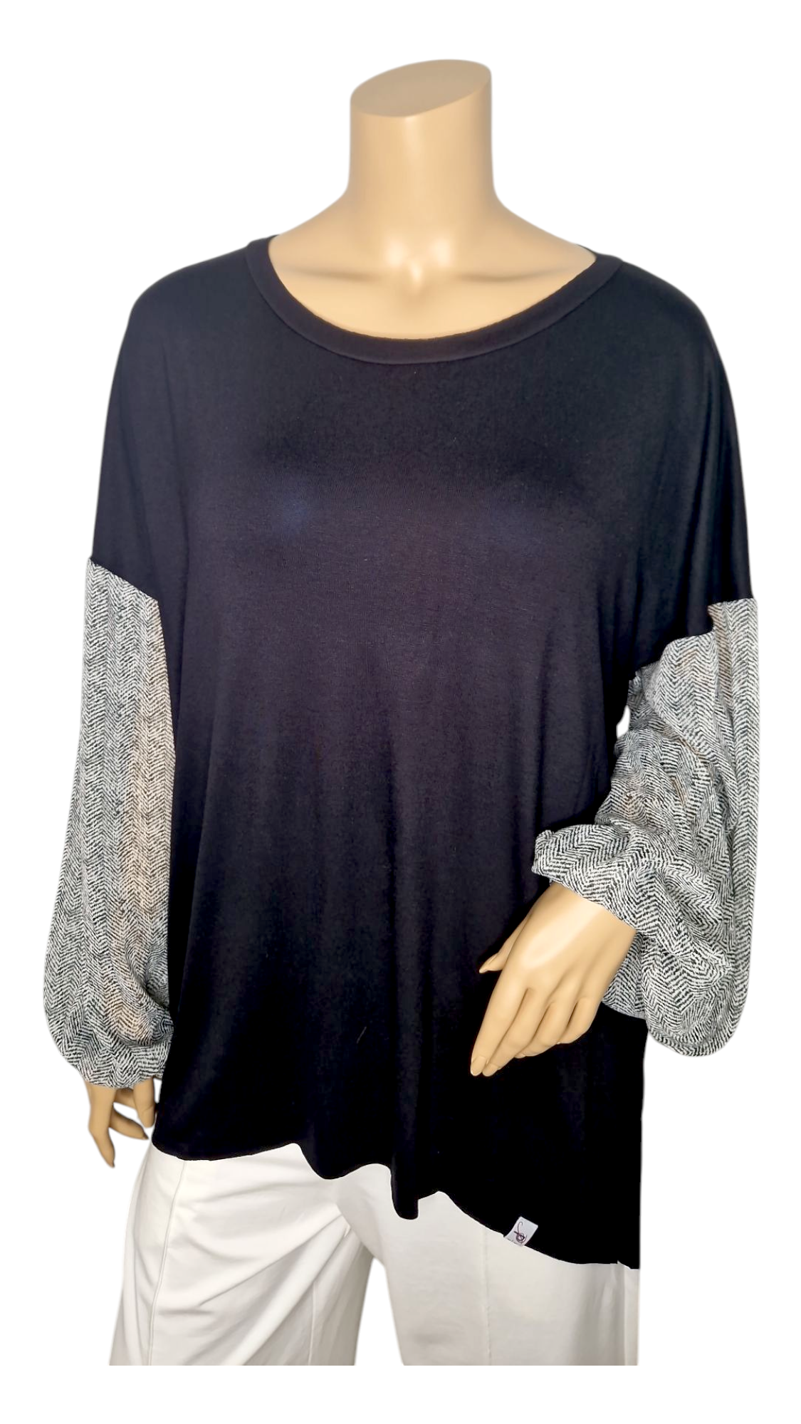 Langarm-Shirt mit Chiffon-Ärmeln in Fischgrätmuster
