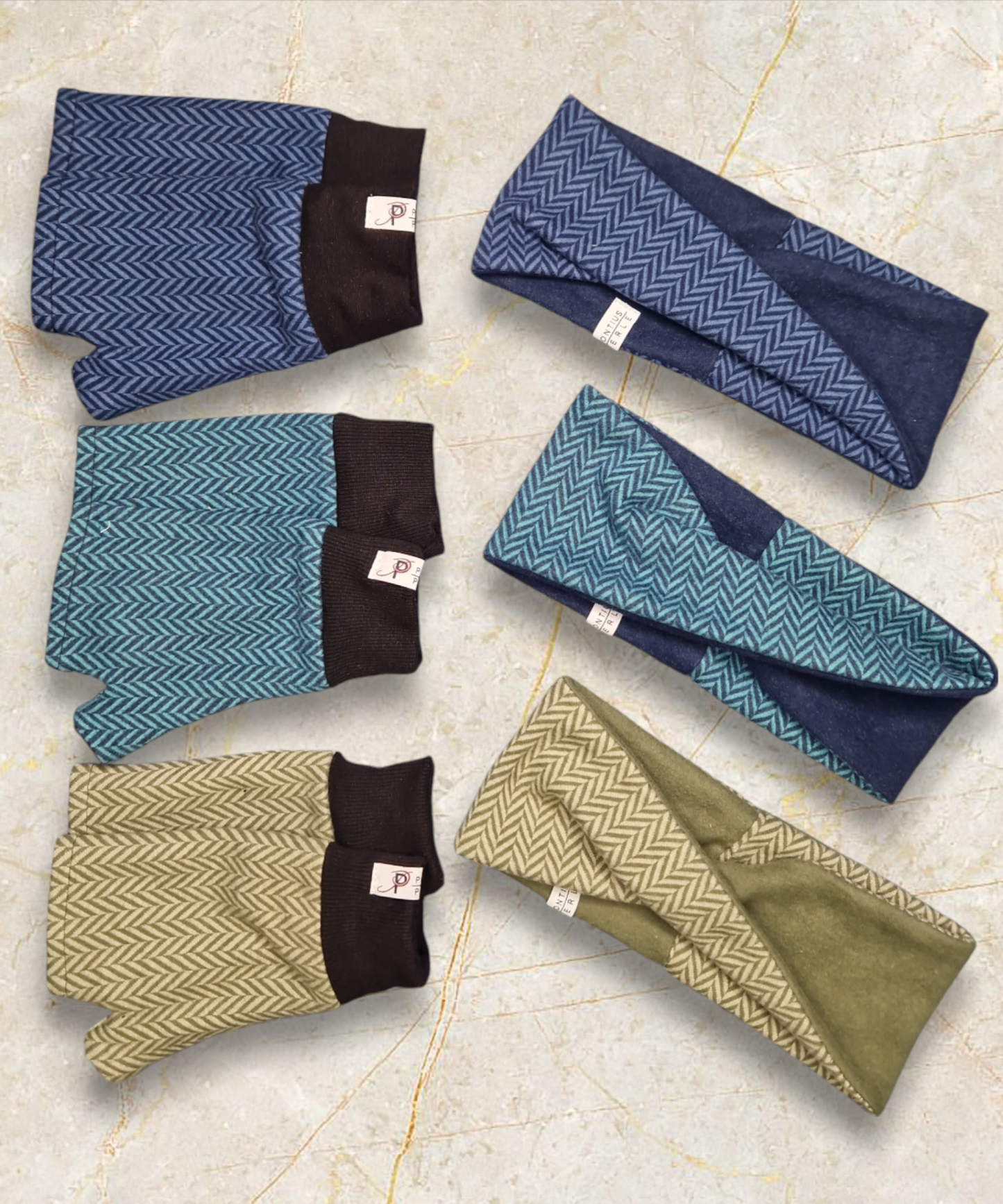 Set Stirnband und Handschuhe zum Wenden Fischgrät Khaki