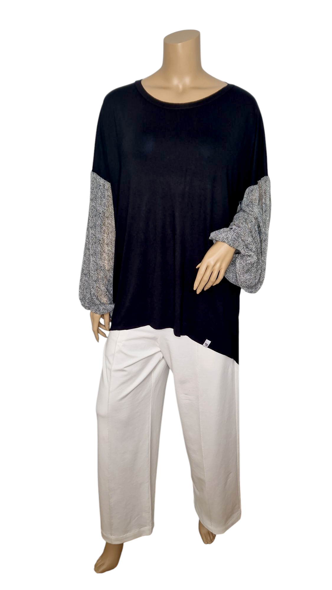 Langarm-Shirt mit Chiffon-Ärmeln in Fischgrätmuster