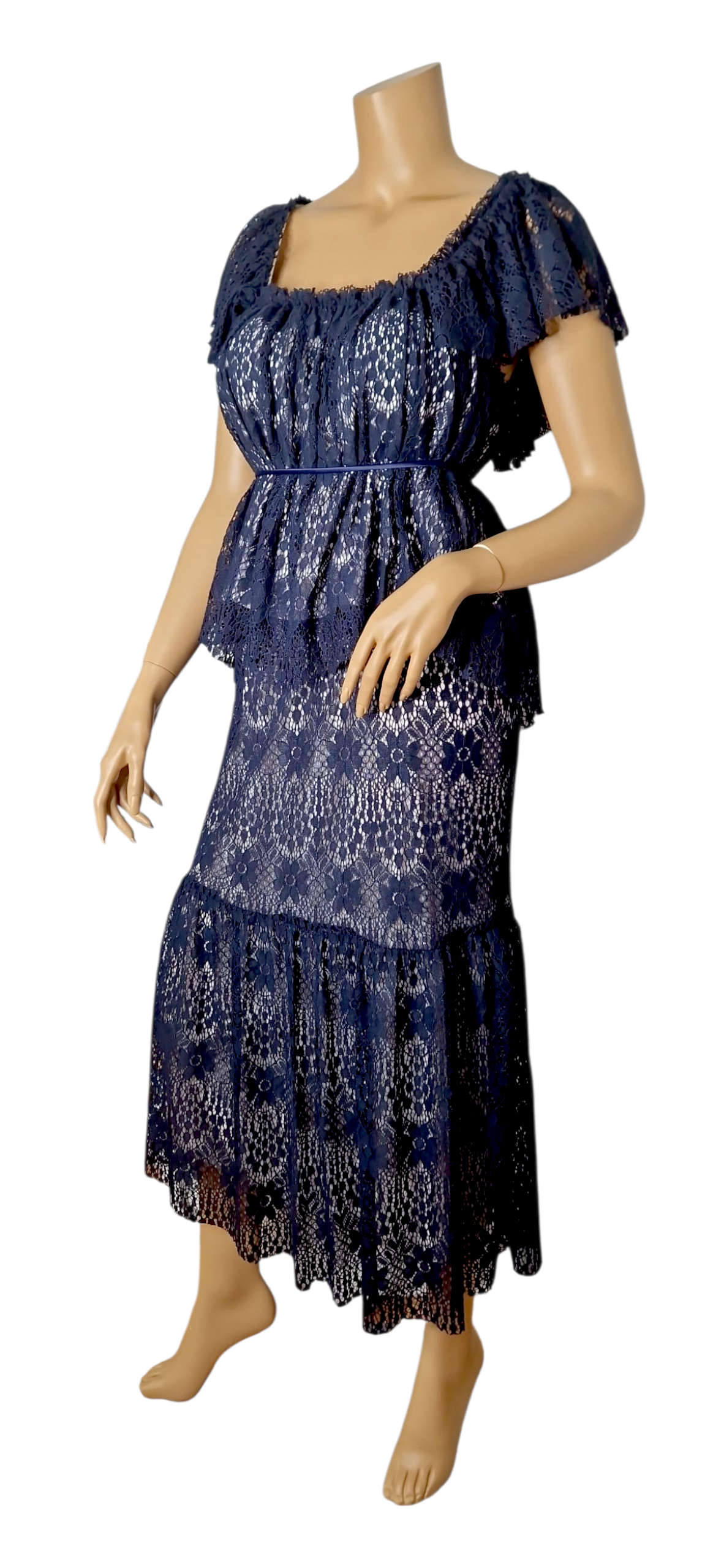 Set Romantisches Spitzenkleid im Boho-Stil – Marine