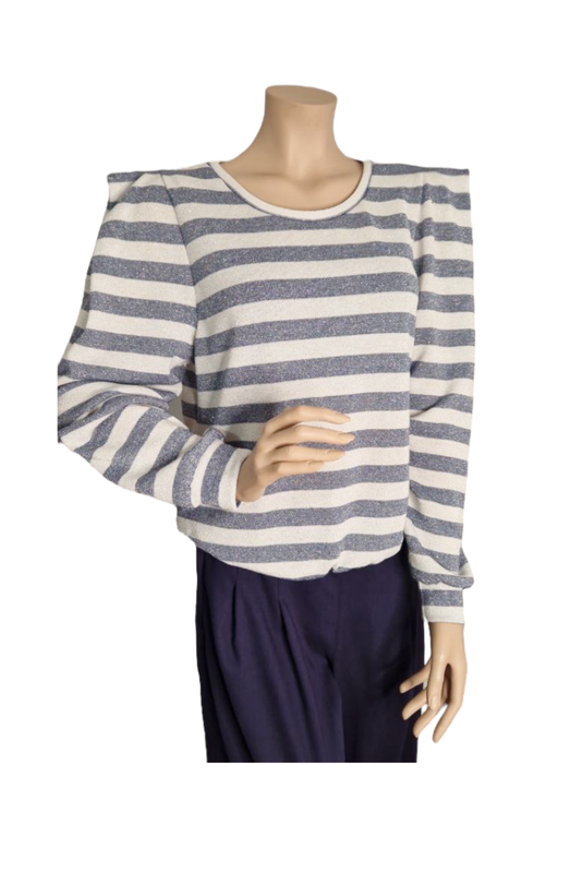 Pullover Streifen-Glitzer Wollweiss/Hellblau