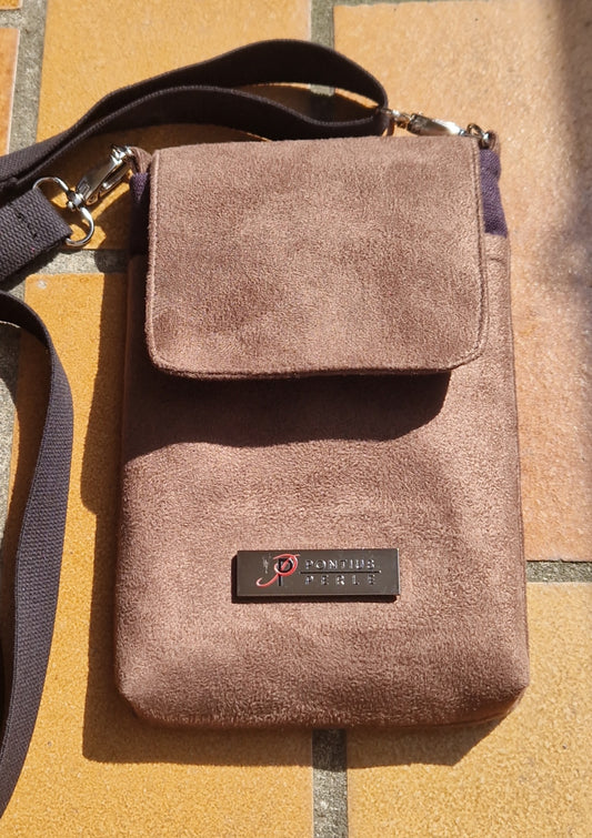Handytasche zum Umhängen Velours Kunstleder Mittelbraun