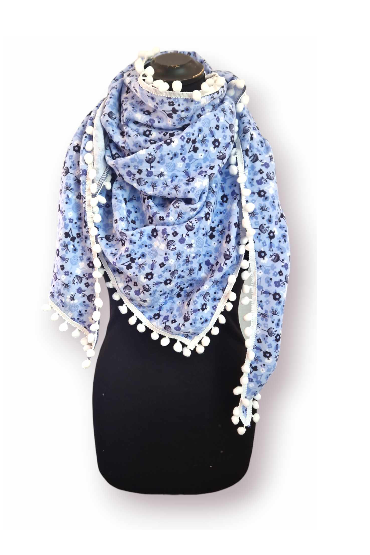 Musselintuch Dreiecksformat mit Bommelborte Blumen/Weiss