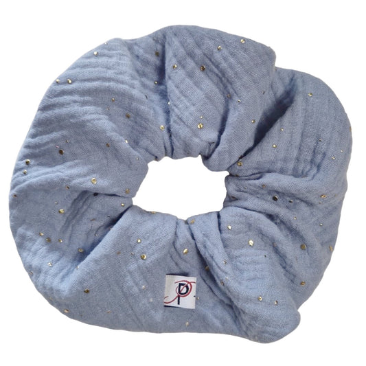 Groß Scrunchie Musselin Gold Punkte Babyblau