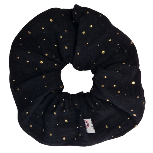 Groß Scrunchie Musselin Gold Punkte Schwarz