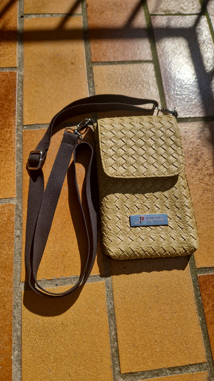 Handytasche zum Umhängen Kunstleder Karo Senf