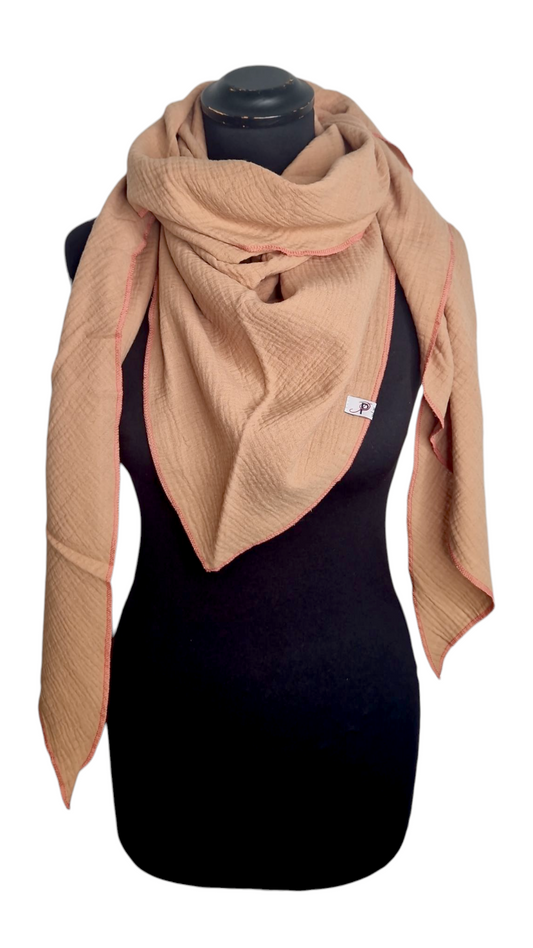 Uni Musselintuch mit Neonrand-Pink, Caramel