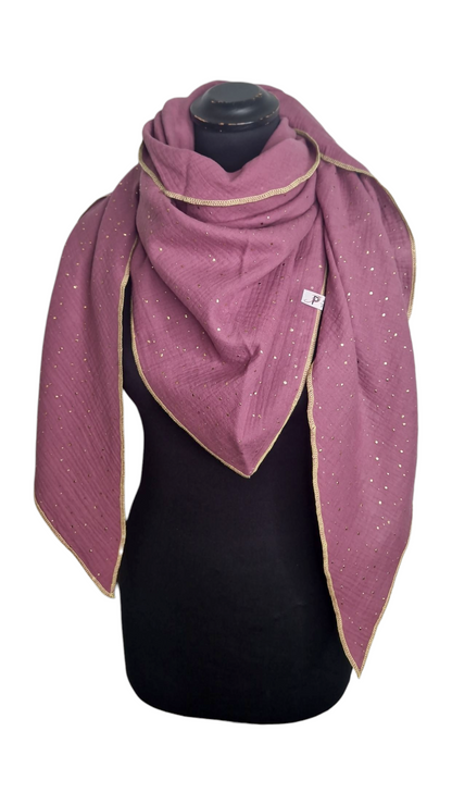 Gold Punkte Musselintuch mit Neonrand-Gelb, Pflaume Lila