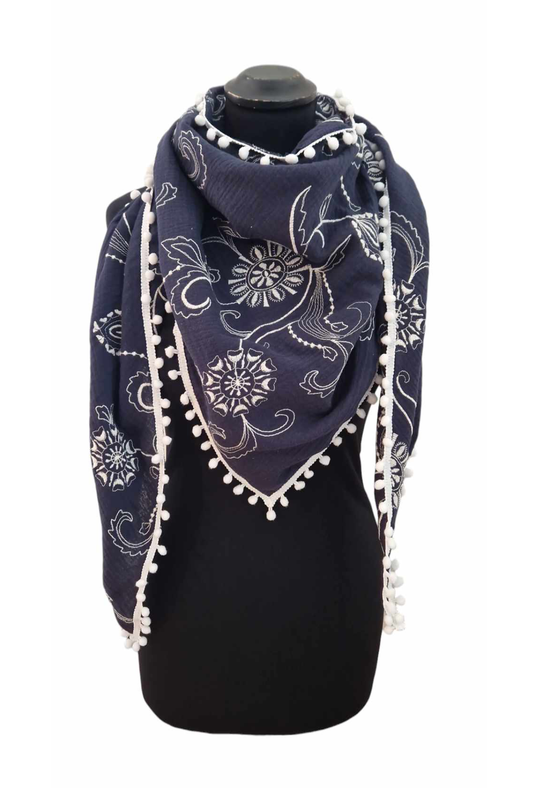 Musselintuch Dreiecksformat Bestickt Blumen mit Bommelborte