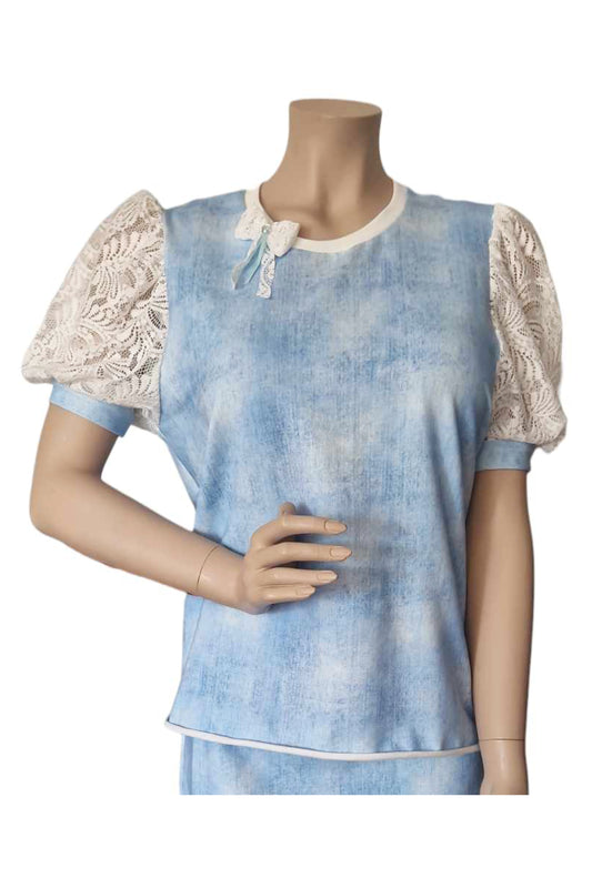 Terry T-Shirt mit Puffärmel Spitze, Jeans