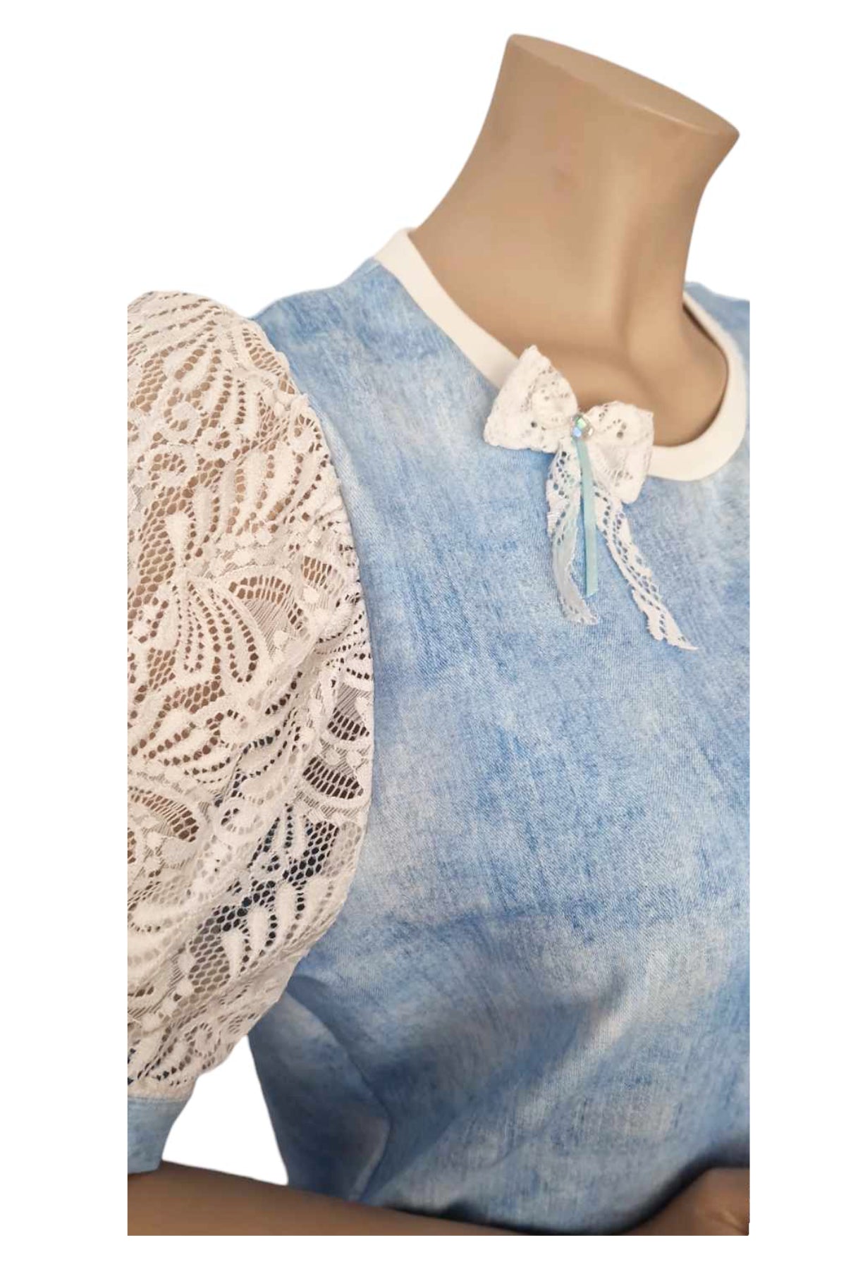 Terry T-Shirt mit Puffärmel Spitze, Jeans