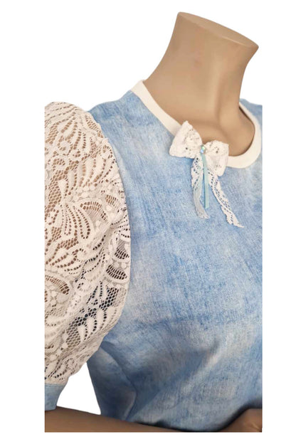 Terry T-Shirt mit Puffärmel Spitze, Jeans