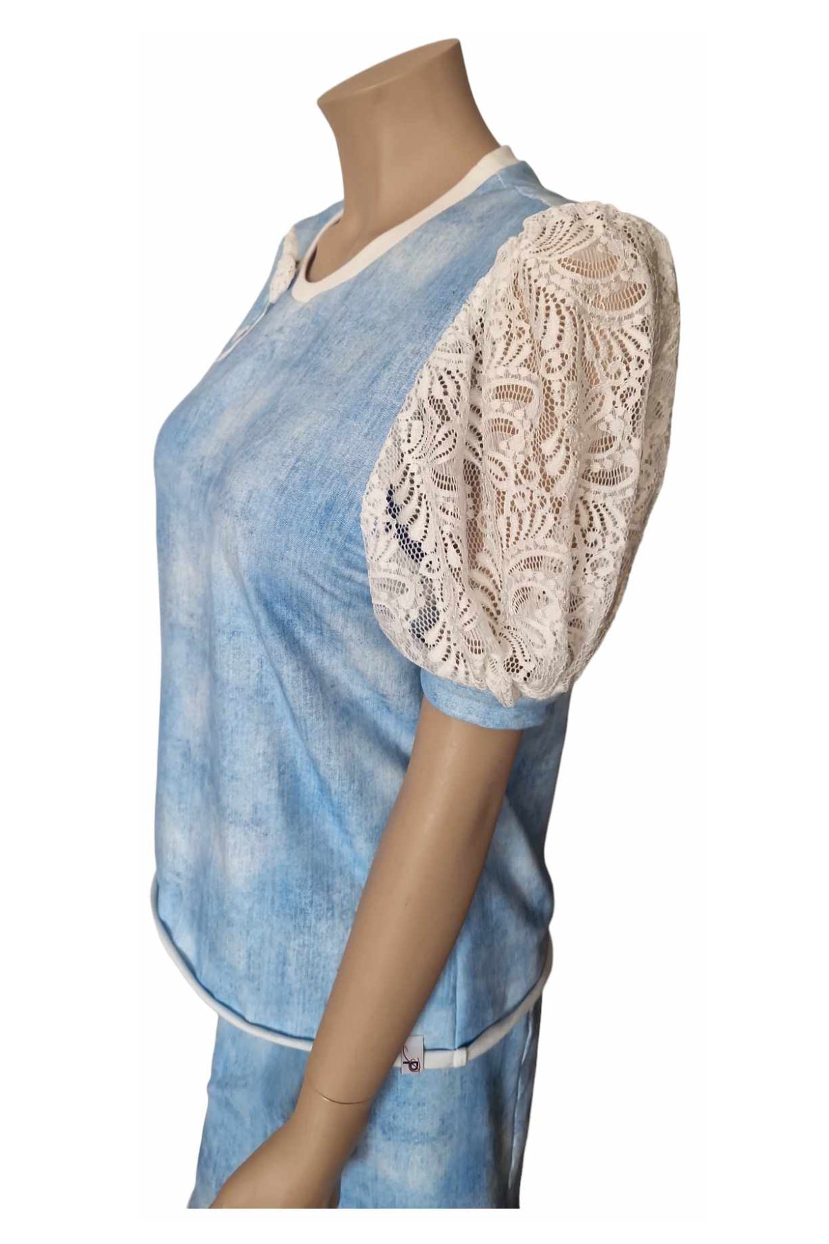 Terry T-Shirt mit Puffärmel Spitze, Jeans