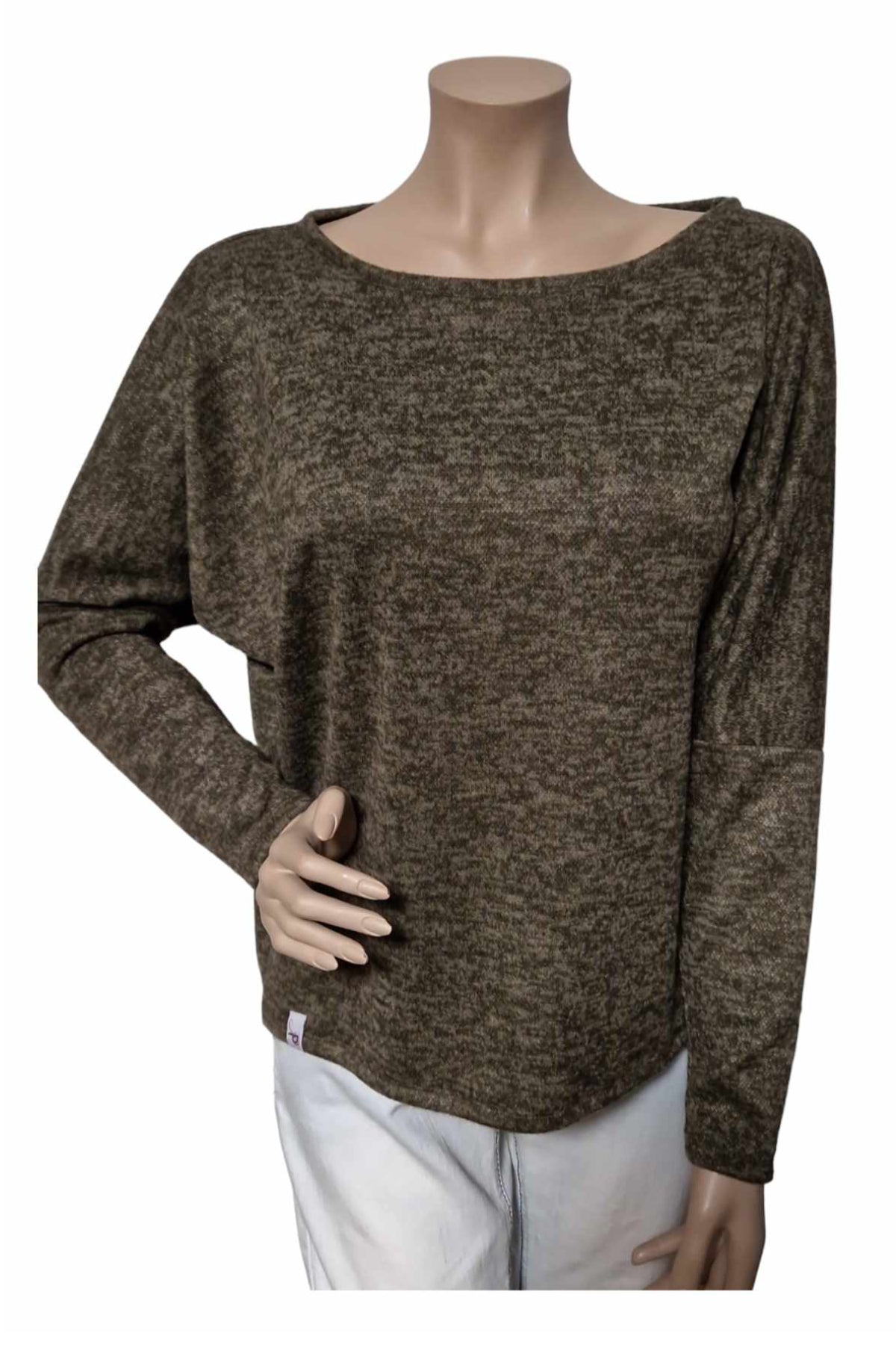 Dolmanärmel-Feinstrick Melange Pullover Khaki