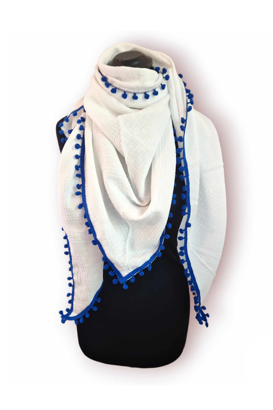 Musselintuch Dreiecksformat mit Bommelborte Royalblau