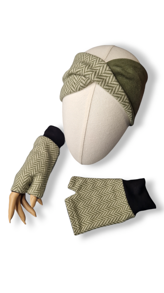 Set Stirnband und Handschuhe zum Wenden Fischgrät Khaki