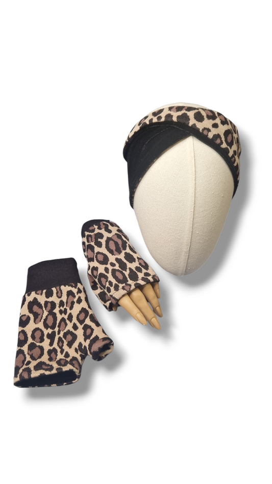 Set Stirnband und Handschuhe zum Wenden Leopard/Samt