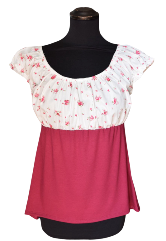 Carmenbluse kurze Puffärmel Blumen Weiß Himbeere