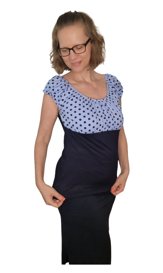 Carmenbluse kurze Puffärmel Punkte Babyblau Marine