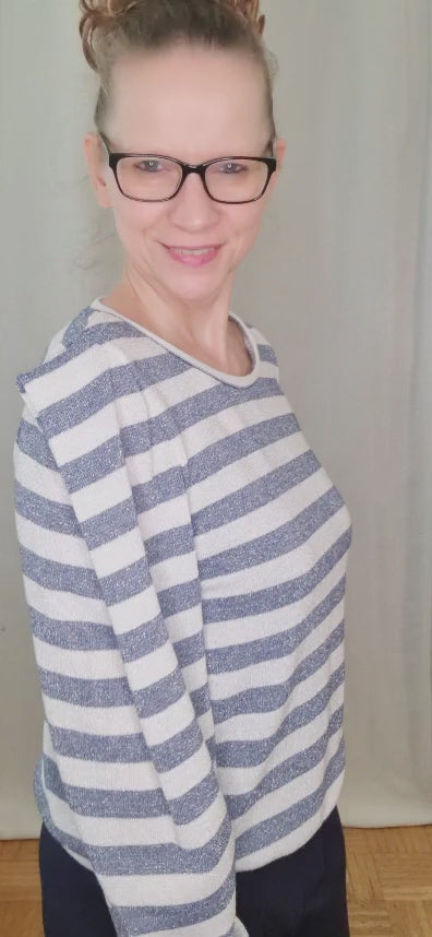 Pullover Streifen-Glitzer Wollweiss/Hellblau