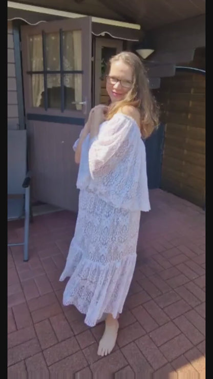 Set Romantisches Spitzenkleid im Boho-Stil - Weiß