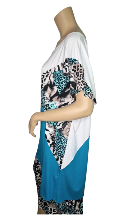 T-Shirt Farbblocker Leoparden Türkis