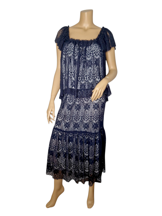 Set Romantisches Spitzenkleid im Boho-Stil – Marine