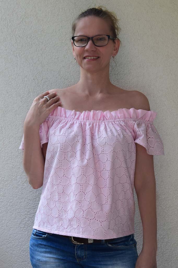 Carmenbluse Herz bestickt Hellrosa