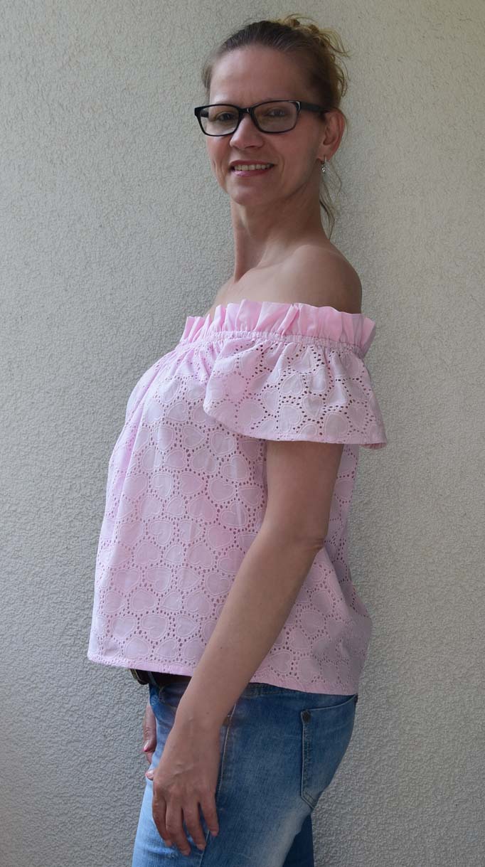 Carmenbluse Herz bestickt Hellrosa