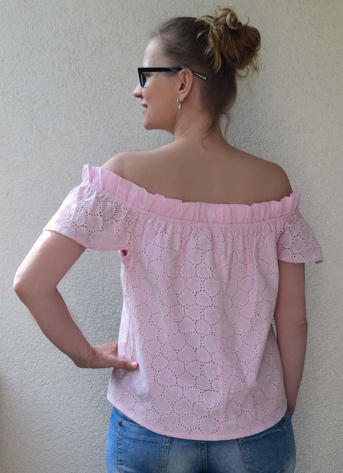Carmenbluse Herz bestickt Hellrosa