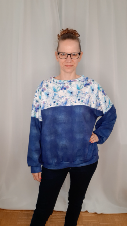 Sommersweat Pullover Blumen-Jeansmuster